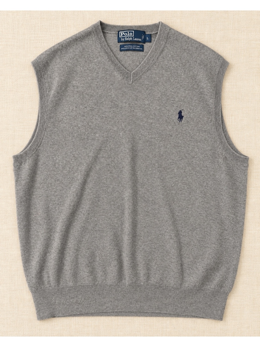 Vintage Ralph Lauren 100% Pima Cotton Heather Gray Sweater Vest blue Logo Preppy